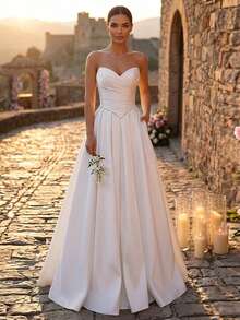 Elegant Luxurious Satin Ruched Extra-Wide Hem Sexy Strapless Dress, Suitable For Weddings, Events, Bachelorette Parties, Vacations, Galas, Holidays - Beige - View 6