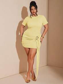 SHEIN BAE Đầm ngắn tay màu nâu cài cúc kim loại vàng dành cho nữ cỡ lớn, thích hợp cho kỳ nghỉ hè đi biển. - Vàng nhạt - Xem 3
