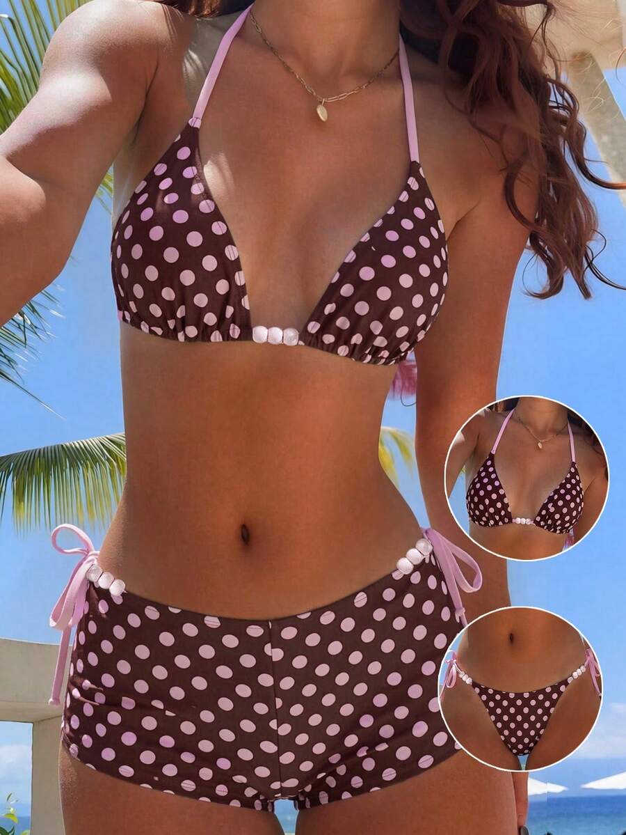 Swim Mod Bộ bikini tam giác in chấm bi mùa hè dành cho nữ, 3 mảnh - Nhiều màu - Xem 1