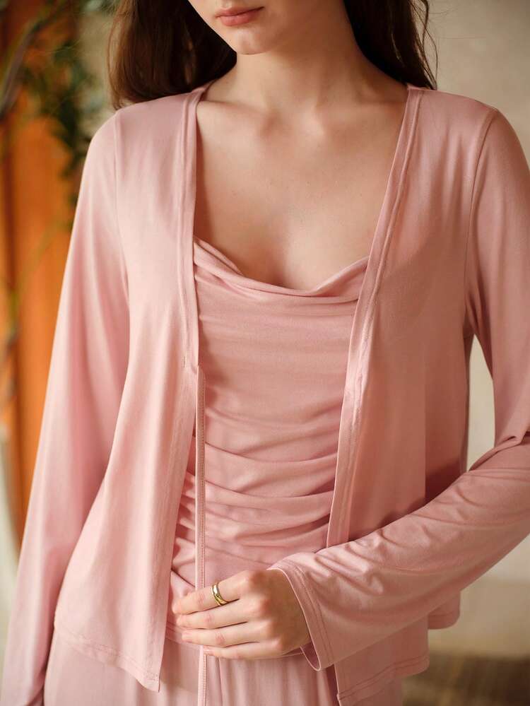 3PCS SET SPRING/SUMMER ADJUSTABLE STRAP PANTS + COAT + CAMI TOP WITH BUILT-IN PADS, RAYON ELEGANT LOUNGEWEAR SET FOR WOMEN