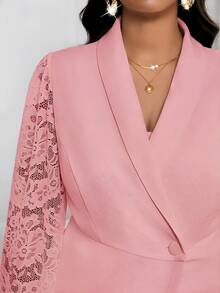 SHEIN Lady 大码女式蕾丝拼接长袖外套和裤子休闲套装 - 粉色 - 查看 4