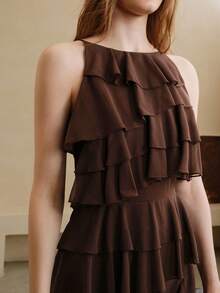 Arave Đầm dự tiệc thanh lịch dành cho nữ, chất liệu chiffon, cổ thuyền, viền bèo nhún, eo thắt. - màu nâu - Xem 5