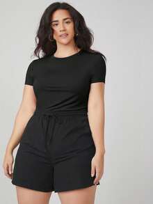 SHEIN BASICS 大码女式纯色圆领休闲百搭日常短袖T恤 - 黑色 - 查看 4