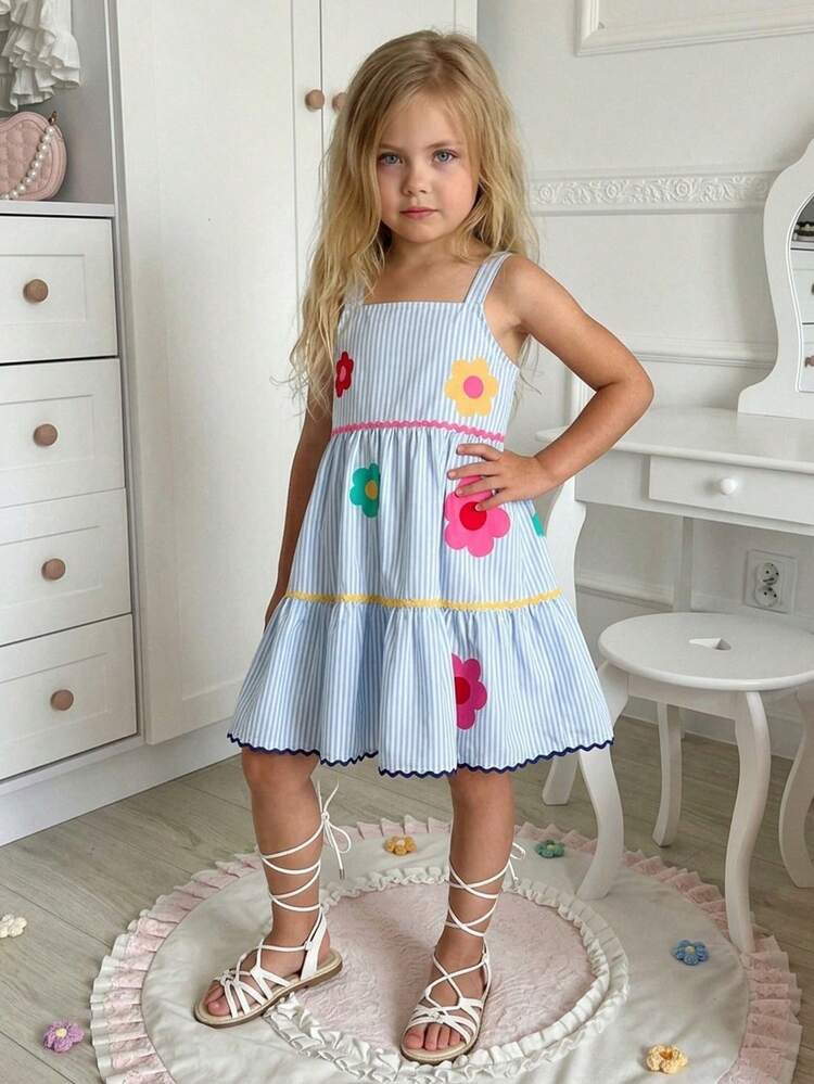 SHEIN Vestido Casual de Alça Listrado Tecido para Menina Jovem - Azul - Visão 1