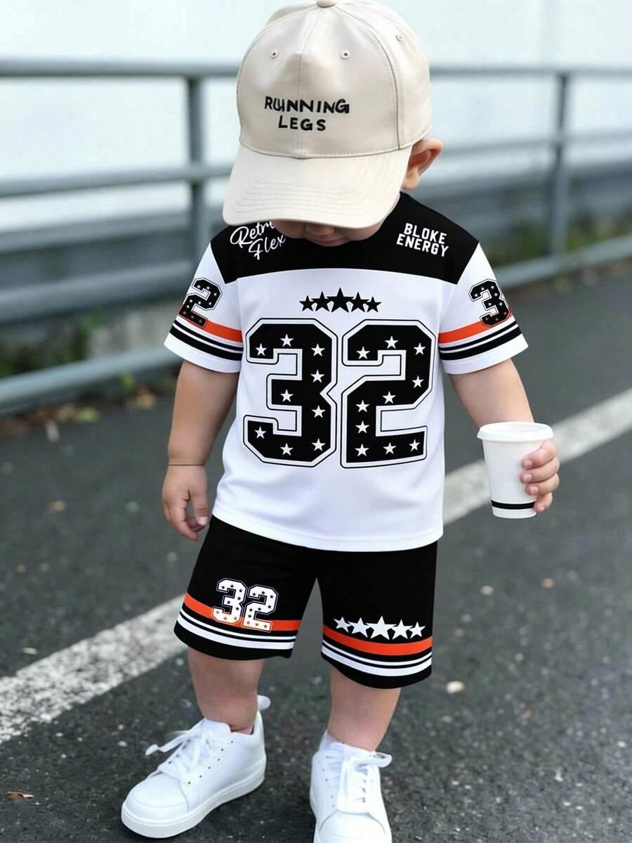 2pcs/Set Baby Boy Street Casual Sports Logo & Number 32 Print Color Block Short Sleeve Top & Shorts Set, Suitable For Outdoor Wear In Summer - Multicolor - View 1