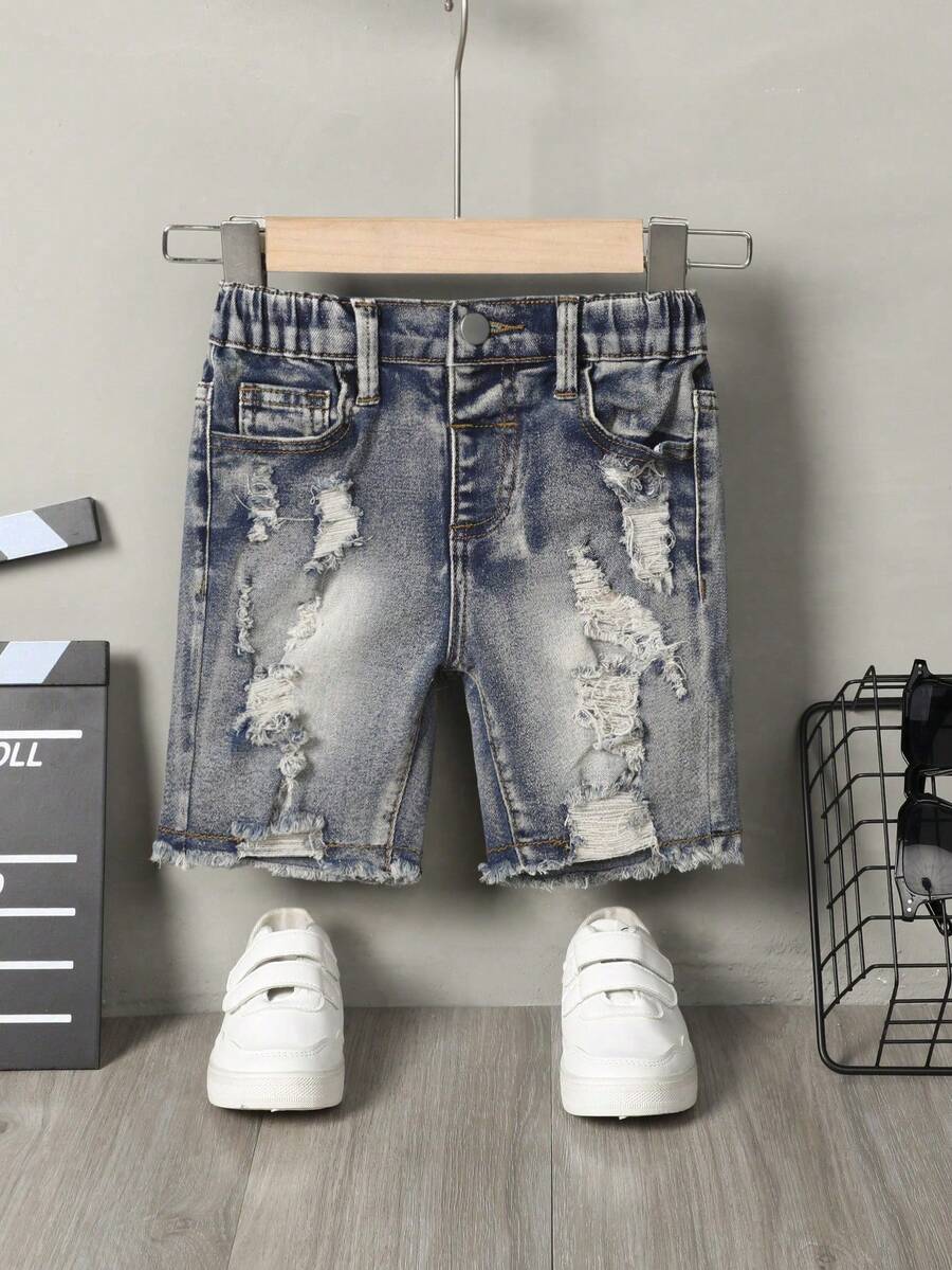 SHEIN 少年夏季磨損風街頭款牛仔短褲 - 中等水洗藍 - 查看 1