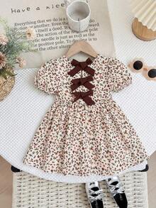 LMoss Kids Baby Girl Ditsy Floral Round Neck Puff Sleeve Fitted Casual Dress - Multicolor - View 6