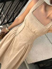 Siren Gaze Women's 100% Cotton Sleeveless Elegant Solid Color Square Neck Flared Midi Dress,Casual Summer Splice Lace Trim Hem Tea Party Old Money Chic Outfits - Camel - View 12