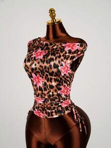 SaltGleam SaltGleam Áo tank top nữ thời trang dáng ngắn, vai lệch, ôm sát, có dây rút, in họa tiết, thích hợp mặc hàng ngày khi đi nghỉ mát, du lịch, phong cách trẻ trung, mùa xuân/hè. - Nhiều màu - Xem 7