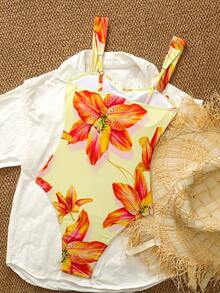 Swim Mod Women's One-Piece Tropical Print Halter Front Floral Accent Beach Vacation Casual Party Swimsuit - Multicolor - View 2