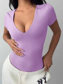 SHEIN BASICS 纯色V领短袖修身连体衣（女款） - 淡紫色 - 查看 5