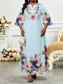 SHEIN Lady 休閒漫畫條漫與花卉印花女款長洋裝 2025 夏季新款大尺碼中長洋裝 淺藍色花卉印花洋裝 婚禮新娘派對婚禮適用 - 彩色 - 查看 4