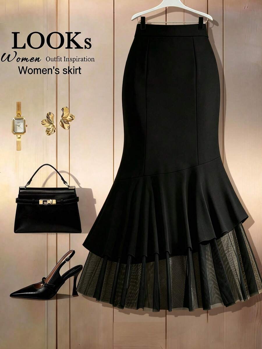 GlowEve Women Summer Black High Waist Classy Elegant Winter Semi Formal Double-Layer Fishtail Hem Mermaid Skirt, Versatile Skirts For Formal Wear - Black - View 1
