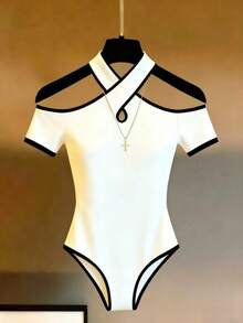 Franclia 女士黑白滚边连体衣，优雅假日装扮，春夏服饰，时尚派对装束 - 白色 - 查看 1