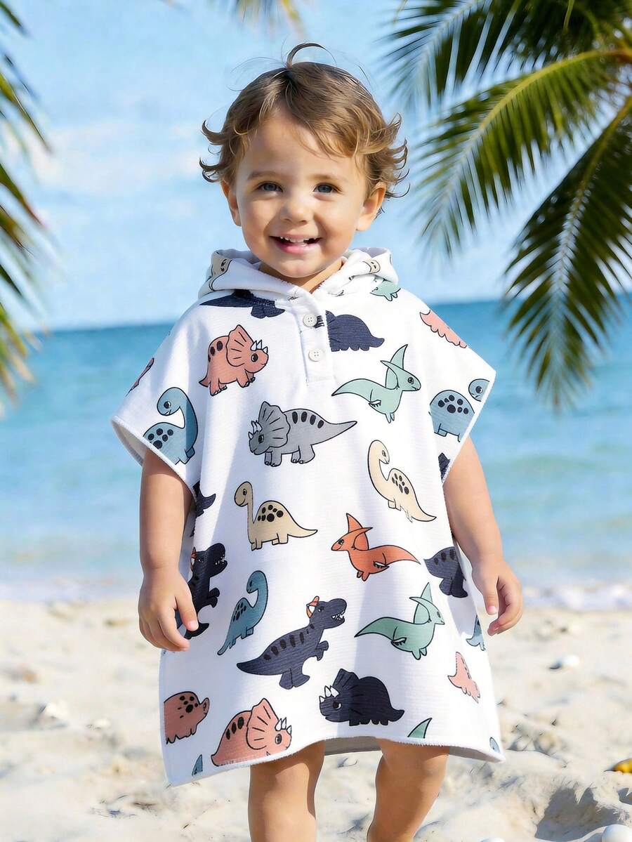 幼儿男童浅绿色卡通海龟印花连帽泳衣罩衫，婴幼儿尺码，V领连帽斗篷，婴儿可穿戴浴巾，沙滩披肩，沐浴游泳必备