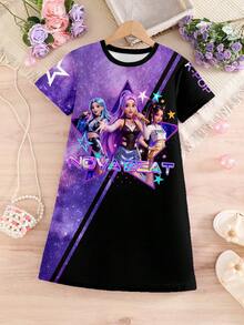 Young Girls Group Digital Print Colorblock Purple & Black Short Sleeve T-Shirt Dress, Fashionable Casual Suitable For Spring/Summer - Hot Pink - View 2