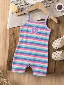 Babygirl Cute Casual Knit Striped Floral Pattern Camisole Romper - Multicolor - View 2