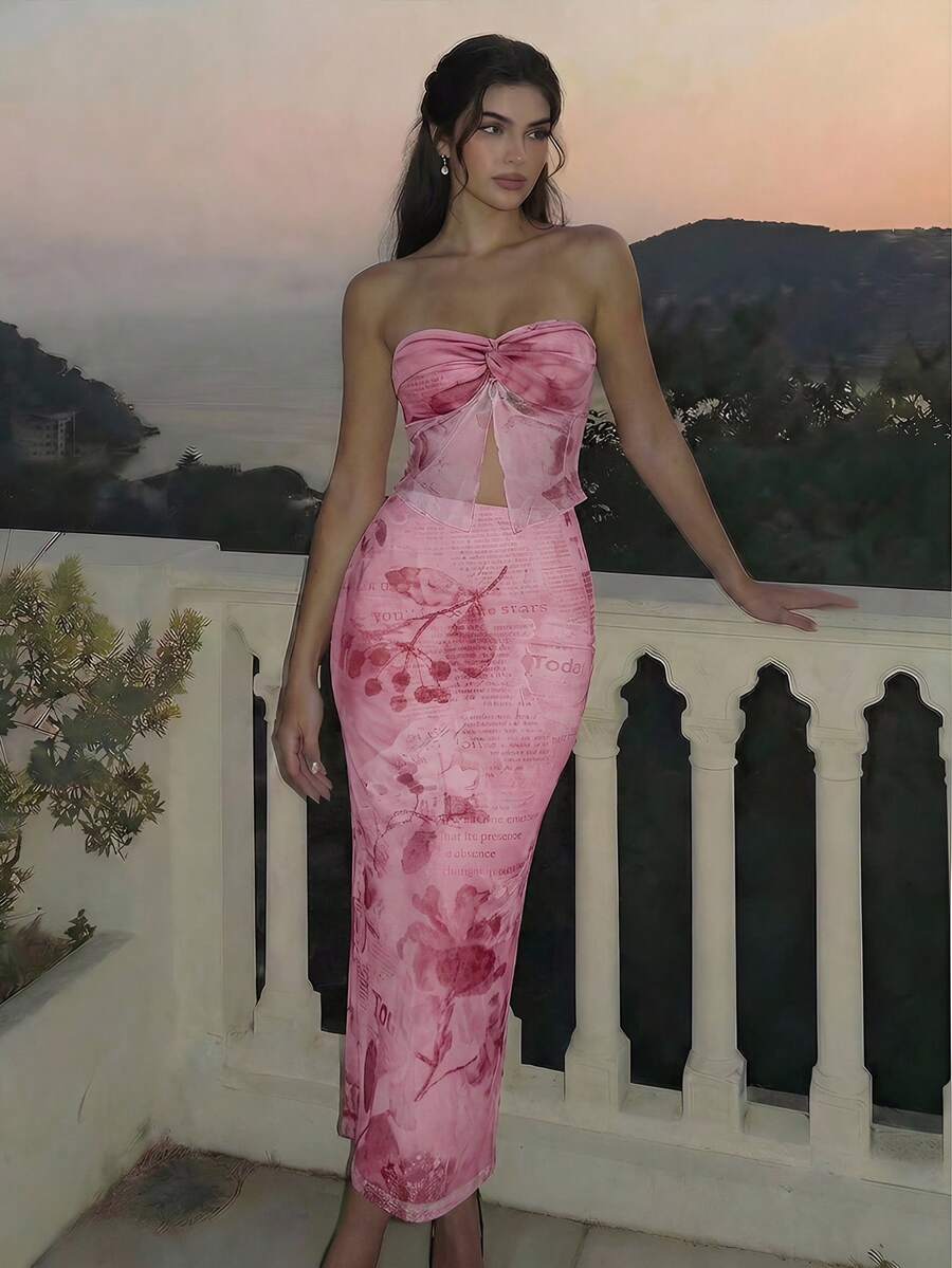 SHEIN MOD 女士优雅度假风植物标语印花扭结前襟抹胸上衣和半裙两件套，春夏款 - 彩色 - 查看 1