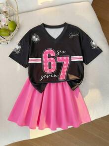 SHEIN 少女字母图案V领宽松休闲T恤和A字裙两件套 - 玫紅色 - 查看 3