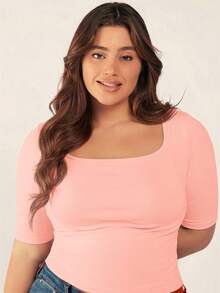 SHEIN BASICS 大码女式纯色休闲百搭日常短袖T恤 - 粉色 - 查看 5