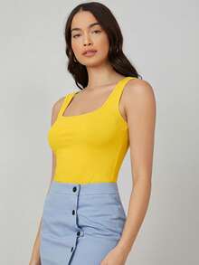 SHEIN BASICS 方领纯色背心 - 黃色 - 查看 3