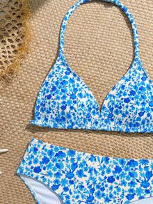 SHEIN Tween Girls Beach Vacation Halter Neck Swimwear Set - Blue - View 5