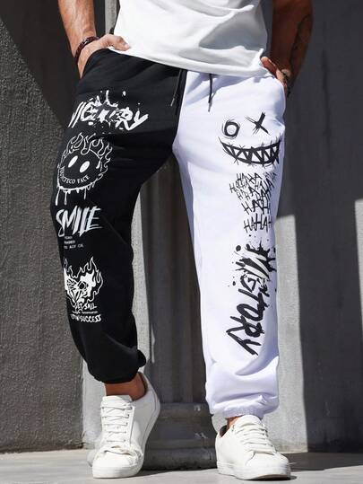 Manfinity EMRG Men Plus Cartoon & Letter Graphic Two Tone Sweatpants, For Rave