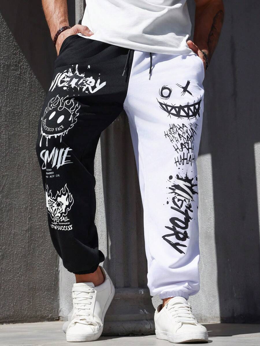 Manfinity EMRG Men Plus Cartoon & Letter Graphic Two Tone Sweatpants, For Rave - Black and White - View 1
