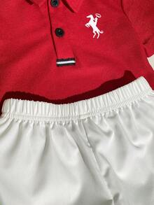 男婴骑士印花Polo衫和短裤套装 - 紅色 - 查看 5