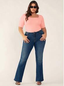SHEIN BASICS 大码女式纯色休闲百搭日常短袖T恤 - 粉色 - 查看 4