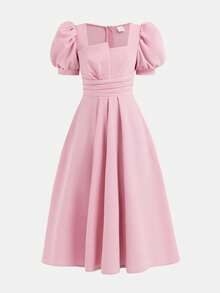 SHEIN 少女方领收腰褶皱优雅泡泡袖连衣裙 - 淺粉色 - 查看 2