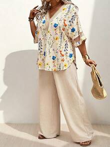 Momelise Plus Size Summer Women's Floral Printed Lace Mesh Sleeve Top And Pants Two Pieces Set,Summer Vacation Casual Two Pieces Set Gym Brown - Apricot - View 5