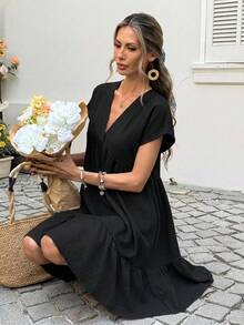 SHEIN LUNE Đầm cotton cổ chữ V dáng suông, đầm mùa hè, đầm xuân nữ, đầm đi biển nữ, đầm thường ngày nữ, trang phục nghỉ dưỡng nữ, đầm đen nữ, trang phục mùa hè nữ, trang phục du lịch biển nữ, đầm chống nắng nữ, đầm cổ chữ V nữ, đầm hè thường ngày nữ, đầm đen mùa hè - Nhiều màu - Xem 4