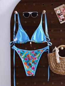 Swim Vcay 女士夏季新款热带植物花卉印花双面挂脖露背比基尼套装，适合海滩、游泳、度假 - 彩色 - 查看 4