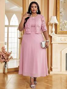Fleurora Plus Size Women 2 Pieces Set: Round Neck Dress And Cardigan, Casual Vacation Outfit - Pink - View 4
