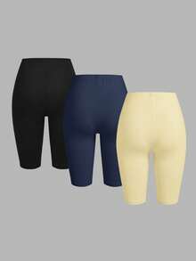 SHEIN EZwear 3件套女士休闲针织修身短款打底裤，黑/蓝/黄，夏季 - 彩色 - 查看 2