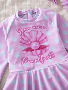 SHEIN Traje de baño de una pieza con cuello redondo, mangas raglán y volantes con estampado total para niña - Multicolor - Ver 5