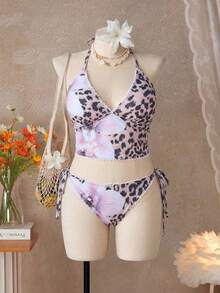 Swim Vcay 2 pièces Ensemble de bikini imprimé léopard grande taille, maillot de bain décontracté pour plage et fête, printemps/été - Marron - Voir 8