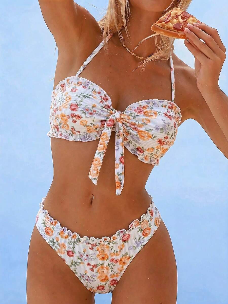 Swim Mod Conjunto de bikini con estampado acanalado y diseño con volantes, sexy y popular para primavera/verano - Multicolor - Ver 1