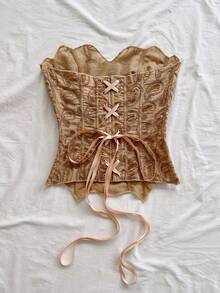 Soleia 女士無肩帶蕾絲束胸上衣，鏤空刺繡修身上衣，卡其色，夏季波西米亞風，優雅獨特，適合度假與夜晚場合 - 卡其色 - 查看 2