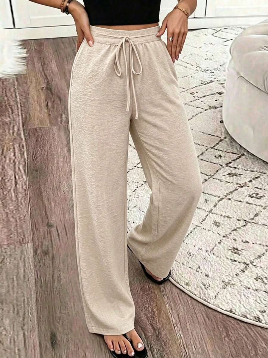 SHEIN Holidaya Women's New Summer Urban Relaxed Linen Wide-Leg Pants – Effortlessly Casual & Lazy Vibe, Perfect Light French Daily Look For Commute And Getaways Woman Summer Outfits - Khaki - View 1