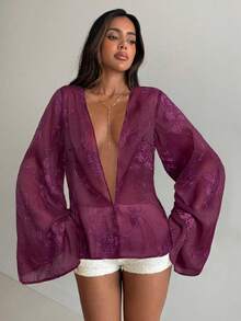 Aloruh Women's Deep V-Neck Floral Embroidery Pattern Casual Versatile Daily Wear Shirt,Summer Top - Burgundy - View 7