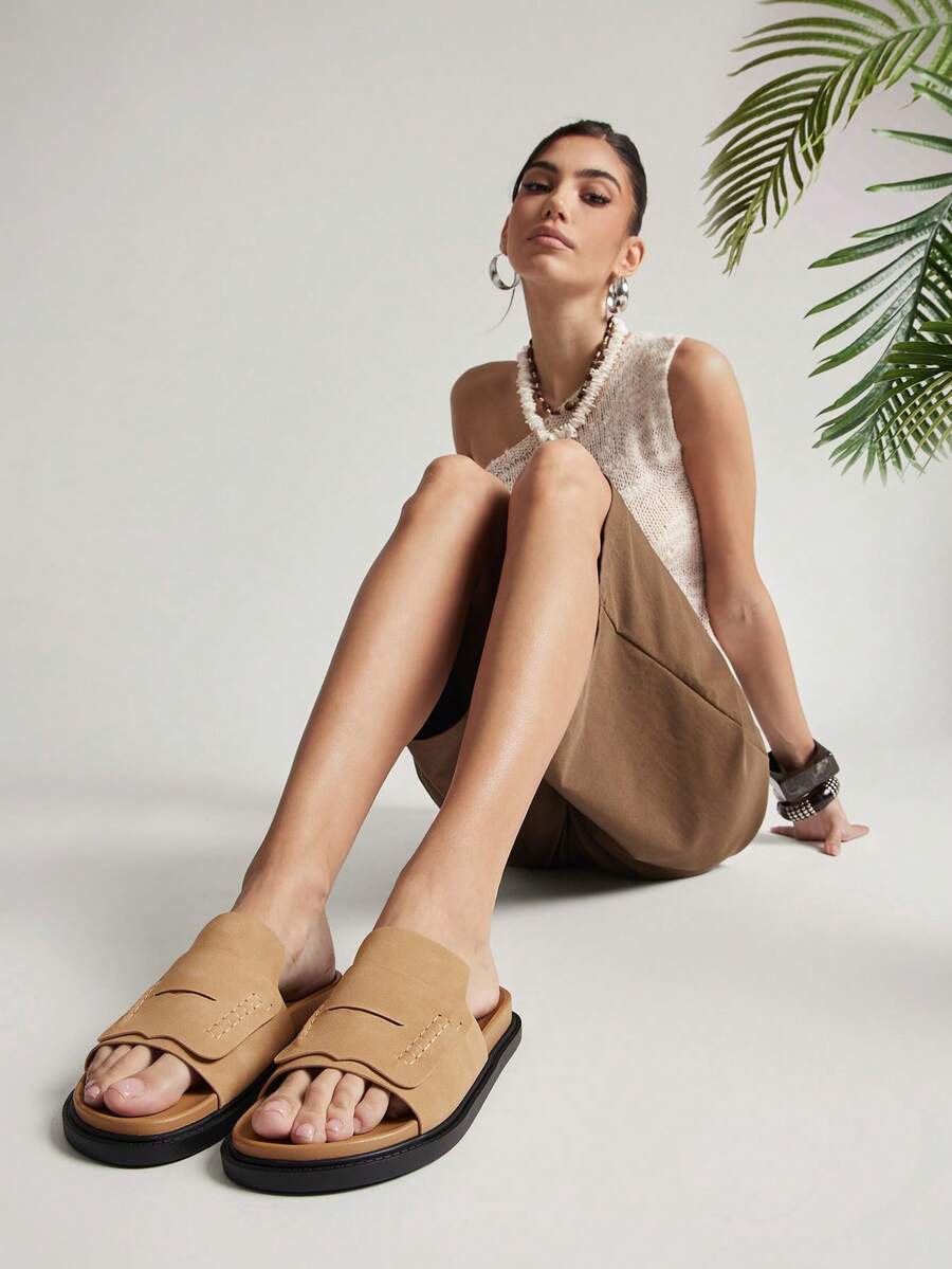 SHUZIA Sandalias planas cómodas de uso diario, con correas acolchadas, de estilo minimalista y casual, ideales para viajes y moda, de fácil deslizamiento - Beis - Ver 1