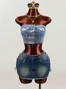 SHEIN Áo denim nữ gợi cảm, kiểu dáng đường phố, cài khuy đơn, dáng ngắn, thích hợp cho mùa hè. - Màu xanh lam - Xem 3