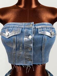 SHEIN Áo denim nữ gợi cảm, kiểu dáng đường phố, cài khuy đơn, dáng ngắn, thích hợp cho mùa hè. - Màu xanh lam - Xem 7