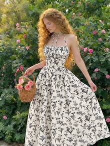 SHEIN MOD Women's Allover Print Halter Tie Waist Ruched Elegant Long Party Dress - Apricot - View 3
