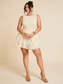 SHEIN BAE Plus Size Women's Elegant,Festa,Wedding Guest Beige,Summer Sleeveless Tight Pleated Slim Double Layer Ruffle Jumpsuit,Valentine's Day White Jumpsuit - Apricot - View 3