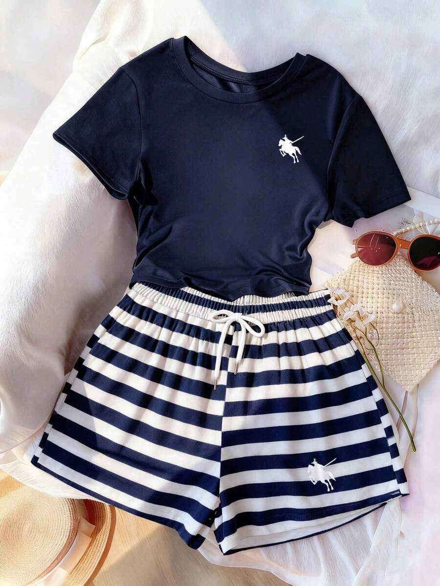 Bộ áo thun in hình Rider và quần short sọc dành cho nữ, hoàn hảo cho mùa hè - Nhiều màu - Xem 1