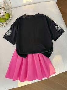 SHEIN 少女字母图案V领宽松休闲T恤和A字裙两件套 - 玫紅色 - 查看 4