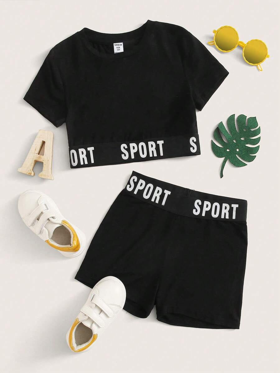 SHEIN 女童时尚休闲街头运动黑白字母撞色设计运动服套装 - 黑色 - 查看 1